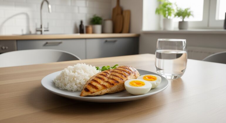 Balanced muscle-building meal with protein, carbs, and hydration